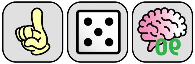 clipart with gray background and black images of pink brain next to a green 90, five dots dice, and a yellow hand pointing.